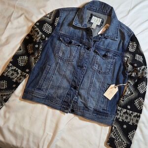 Forever 21 Blue Denim Jacket with Black & Gray Aztec Sleeves